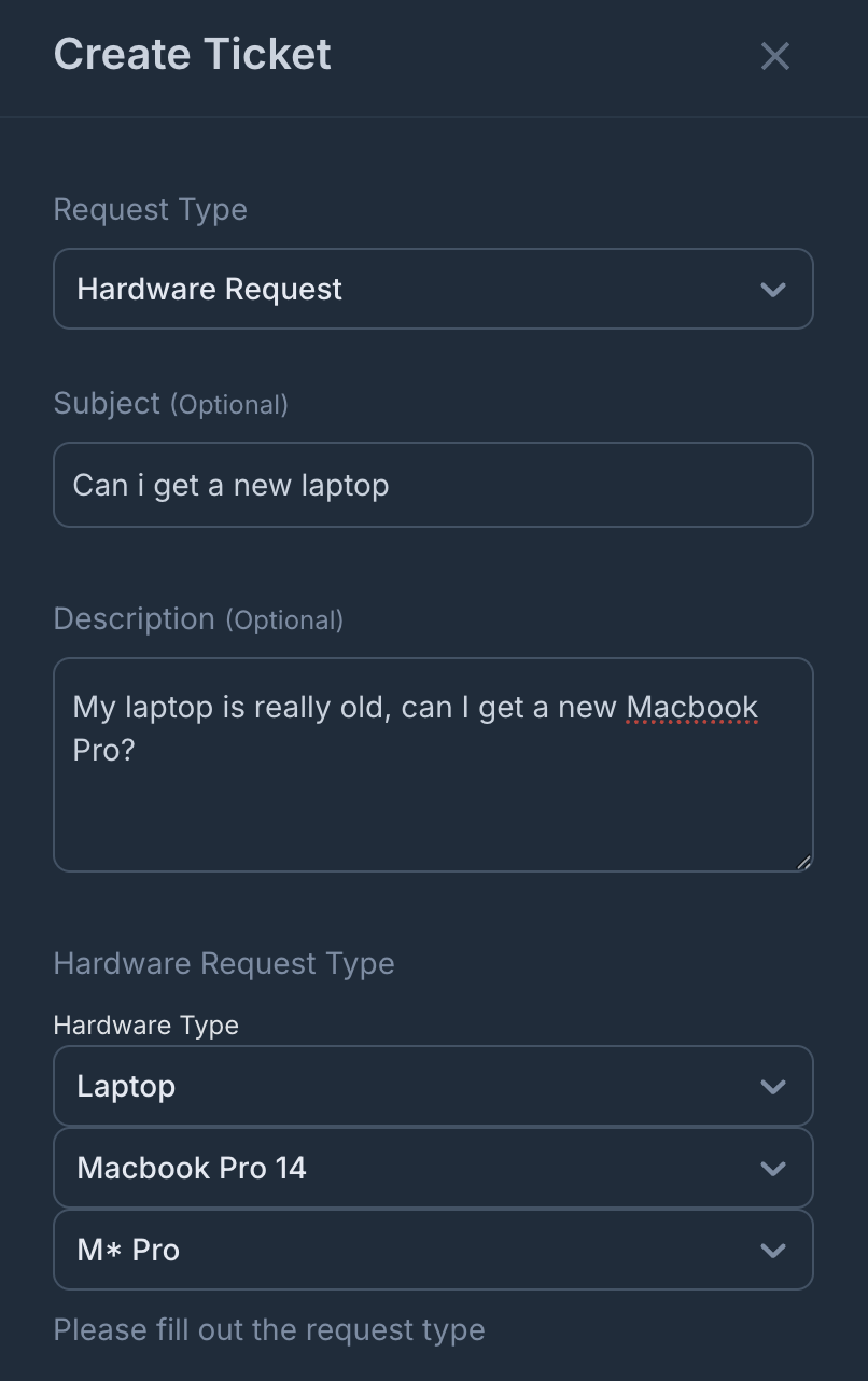 Create ticket form with structured request type fields